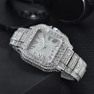 Luxury Silver Simulated Diamond Moissanite Watch with Roman Numeral Dial