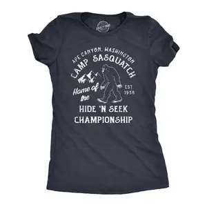 Womens Camp Sasquatch Home of The Hide and Seek Championship T Shirt Funny Bigfoot Joke Tee for Ladies Funny Womens T Shirts Cute Vintage Fashion Casual Ladies T-Shirt Gift Funny Camping Top Women's Novelty Navy -