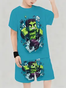 Boys Summer Game Style Set, Pixel Hulk Print Short Sleeve Top & Shorts, Trendy Two-Piece, Casual Loose Fit