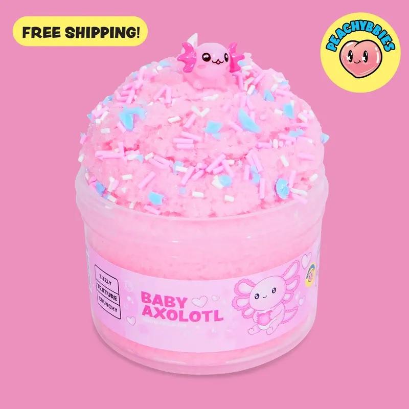 New PEACHYBBIES Baby Axolotl Slime 4oz Premium Scented ASMR Stress Relief Fidget Toy Cucumber Melon Scent with Pink Axolotl Charm & Sprinkle Mix ( Choose Slime )