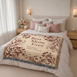 Best Mom Ever Woven Blanket Floral Throw, Vintage Style Cozy Blanket, Gift for Mom, Sofa Decor, Mother’s Day Gift, Soft Tapestry