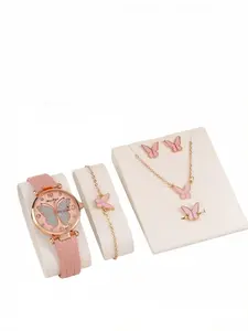 1 Piece Stylish Female Temperament Bright Pink Butterfly Pattern Bracelet Watch Set Paired With 5 Pieces Jewelry Set Quartz Female Watch Trendy Watch Set