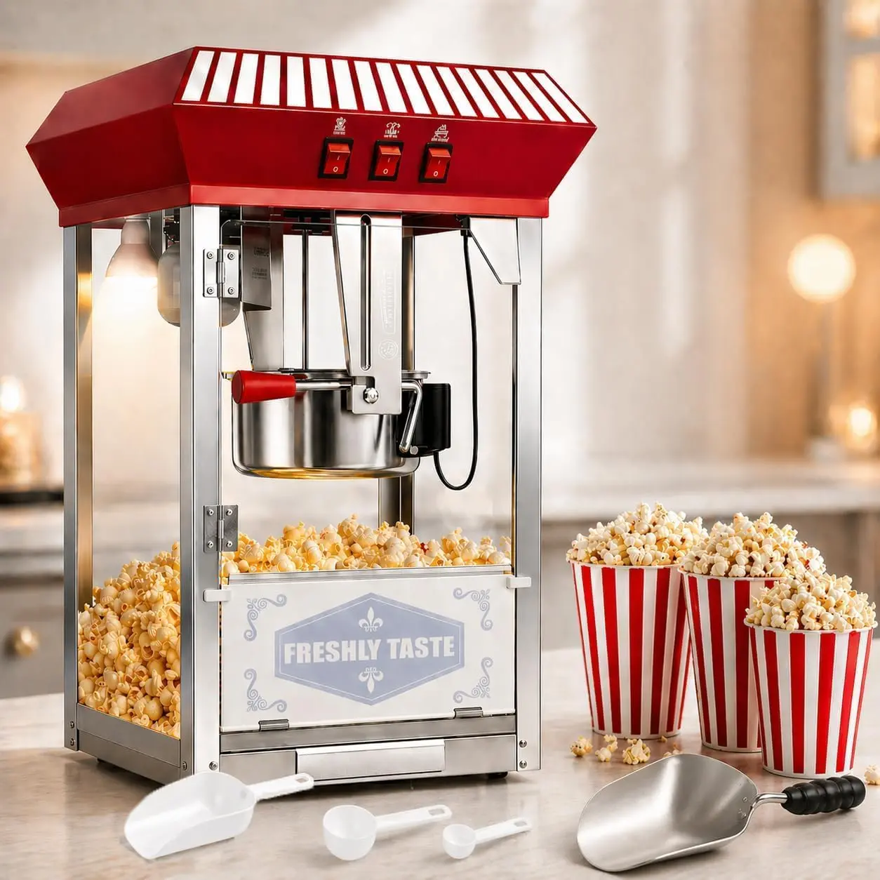 Commercial Popcorn Machine, 12 Oz Kettle, 800 W, Movie Theater Popcorn Machine, Red Tabletop Pop Corn Machine with Stainless-Steel Kettle & Steel Frame Tempered Glass Doors