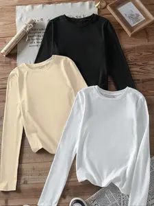 3-Pack Women's Long Sleeve T-Shirts, Casual Crew Neck for Autumn and Winter, Solid Color Stylish Tops for Ladies