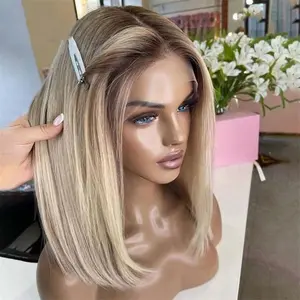 Jessie's Wig [Falm] Mixed Light Bright Blonde Dark Roots Straight 13x6/5.5x5.5 Lace Bob Wig Glueless Wig Remy Human Hair