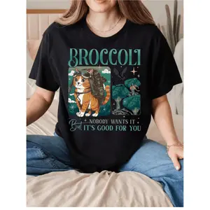 Women's Onyx Storm Broccoli Cat T-Shirt - Fourth Wing Fantasy Graphic Tshirt with Dragon, Adventure Design, Iron Flame Basgiath War College Bookstagram Shortsleeve Clothes, 180g Casual Round Neck Top for Spring/Summer