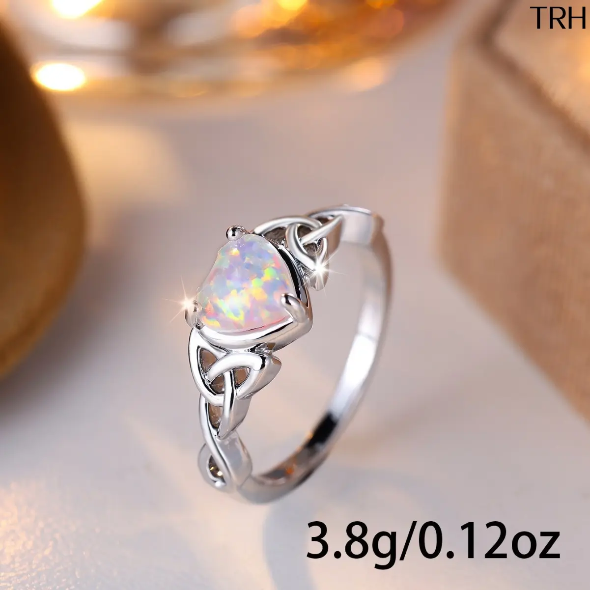 Women Heart-Cut Simulated Opal Promise Ring, Vintage Celtic Knot Design Silver-Tone Engagement Band, Delicate Irish Style Statement Ring, Romantic Jewelry Gift for Anniversary Valentine's Day Wedding Daily Wear for Her