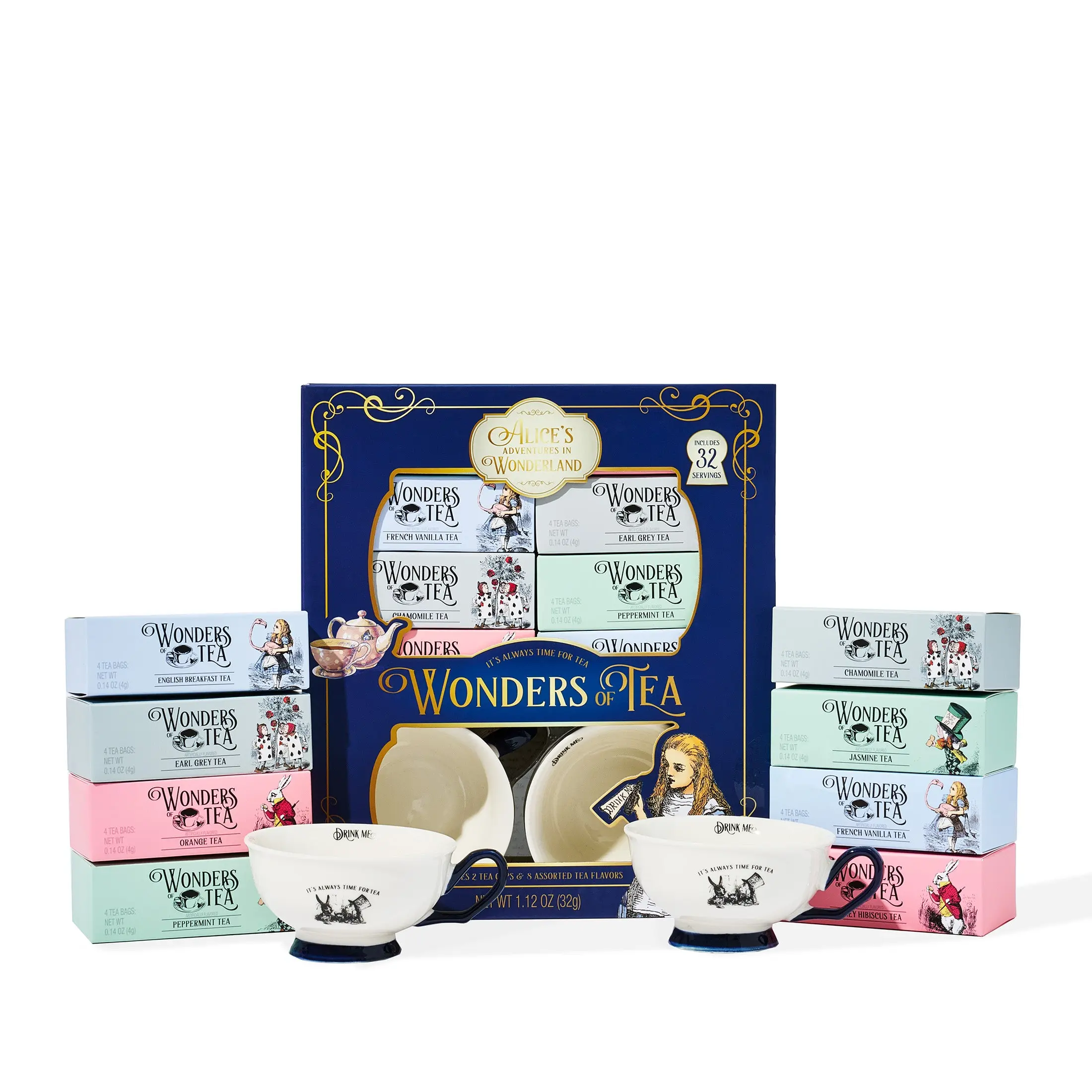 Thoughtfully Alice’s Adventures in Wonderland Assorted Tea Bags Gift Set with 2 Ceramic Cups, Herbal, Black, and Green flavors, Set of 34
