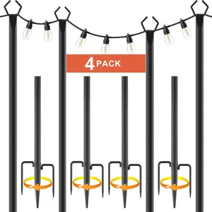 (2pack-10pack)String Light Poles 4 Pack,Light Poles for Outside Lights,Outdoor with Fence Brackets Hanging Lights,Metal Stand Deck Patio Backyard
