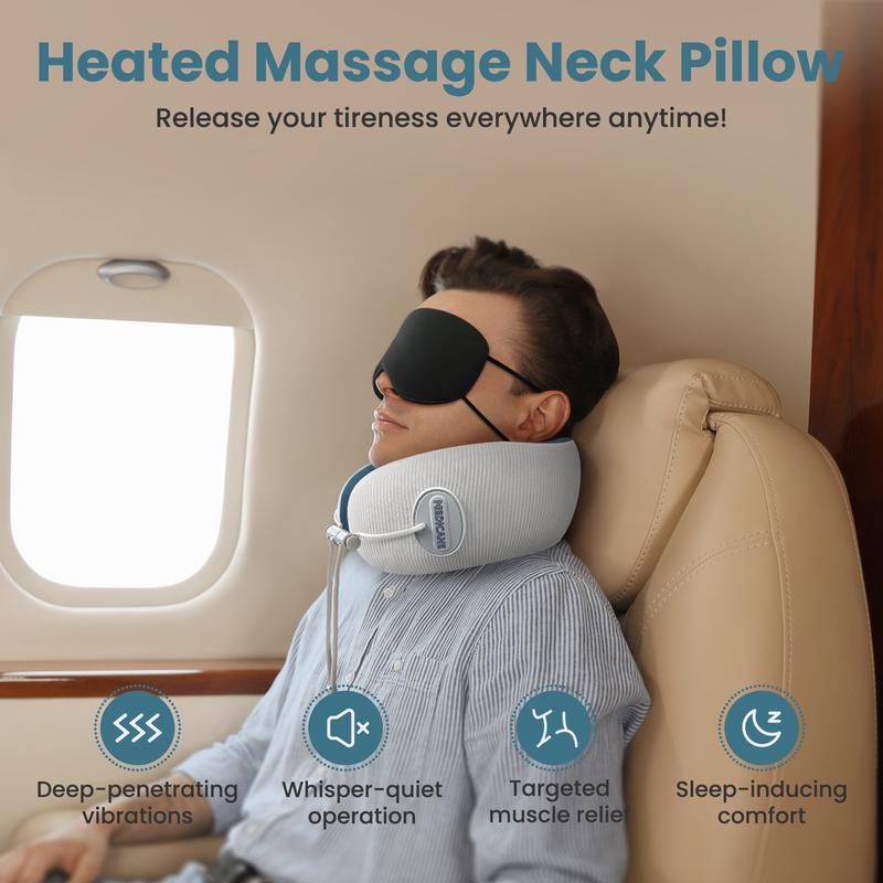 Heated Massage Travel Neck Pillow – Memory Foam Neck Support for Airplane, Car & Long Trips – Travel Essentials for Comfort and Relaxation Christmas gifts for family