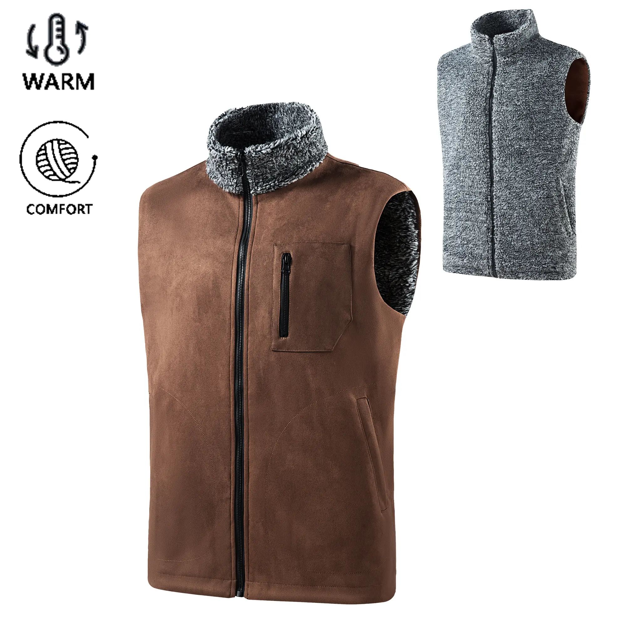 Men’s double-sided warm vest for autumn/winter, suede exterior with thick fleece lining, stand collar, zip-up design