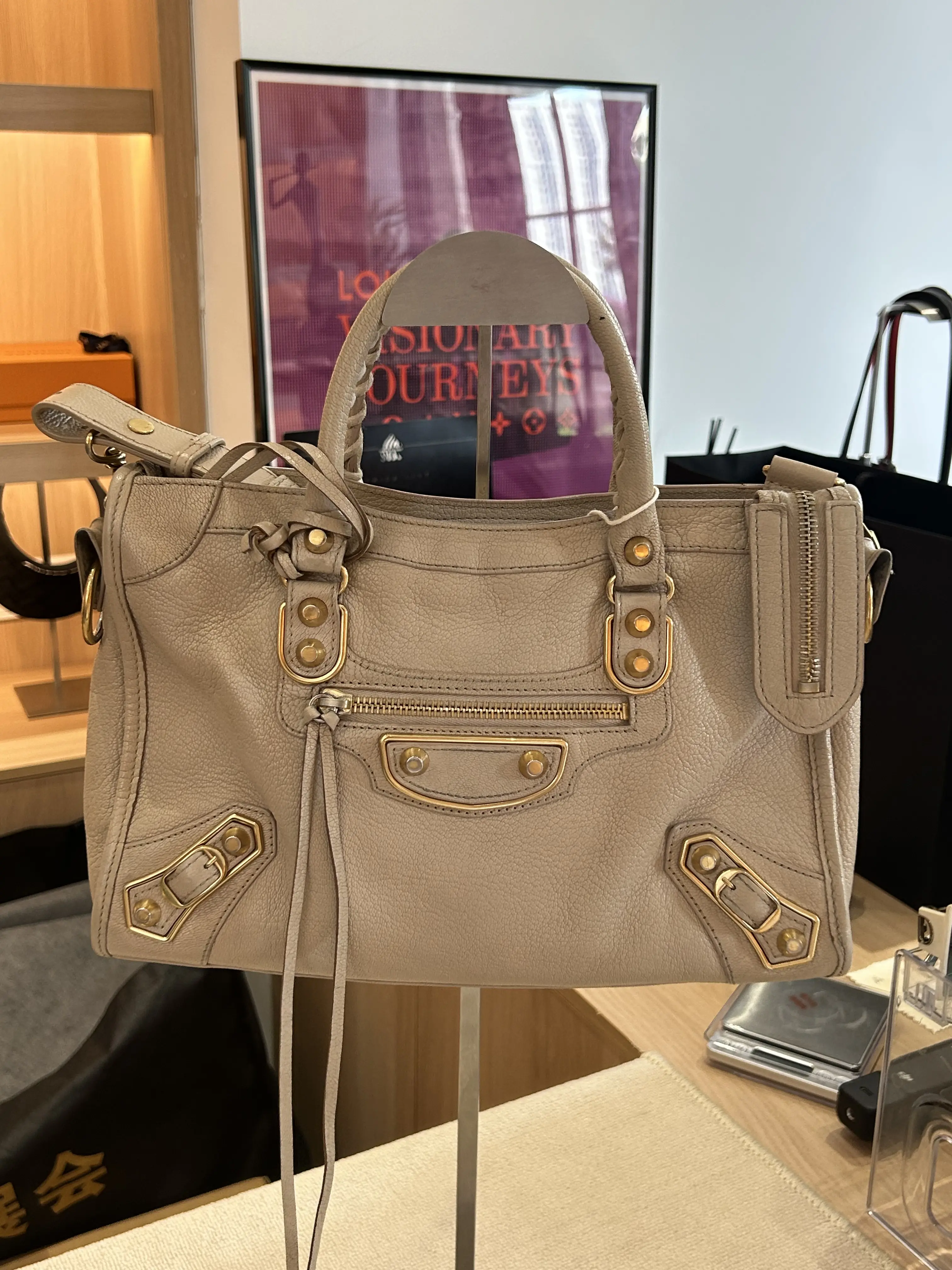 Pre-owned Balenciaga City Beige Grey Leather Gold Hardware Motorcycle Bag