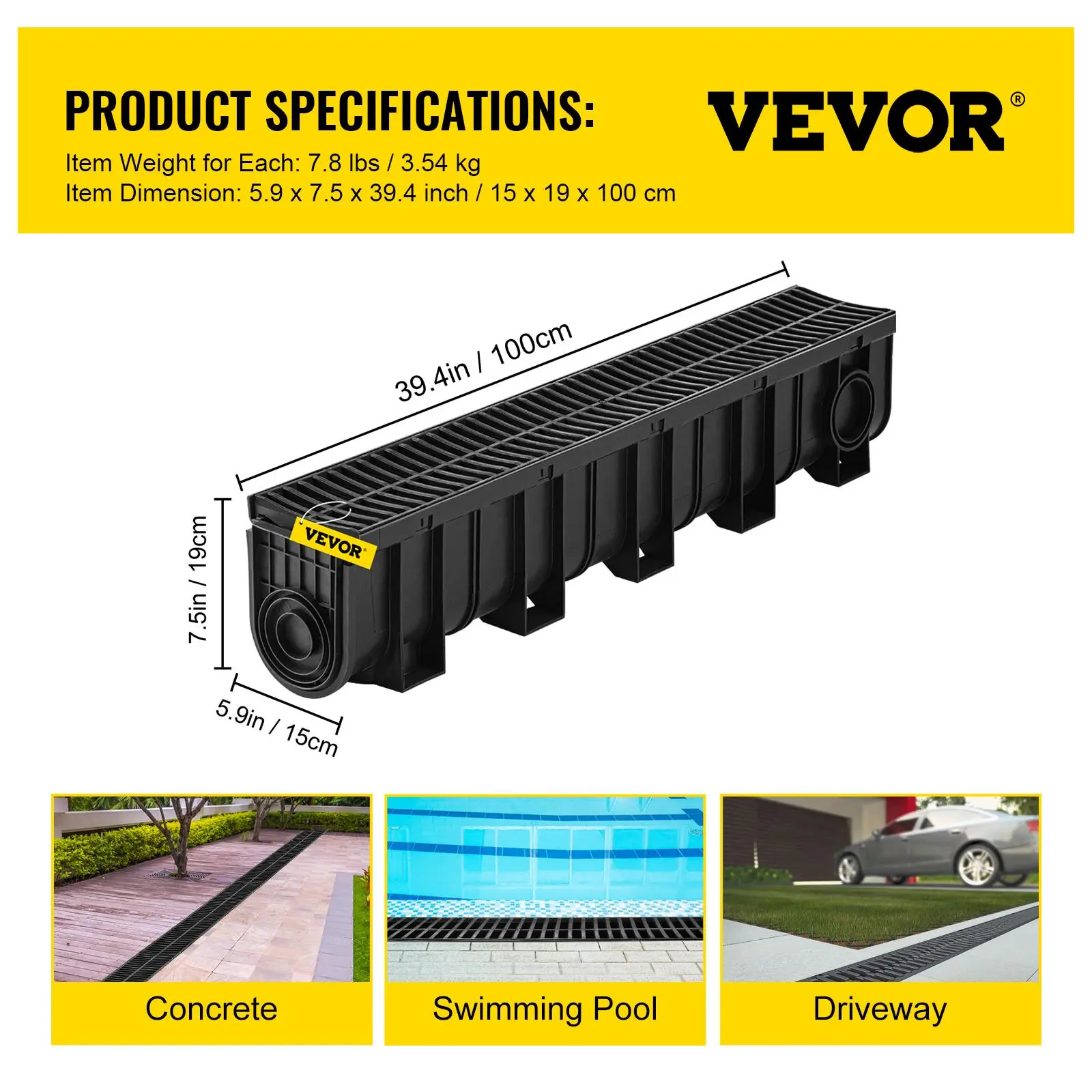 【Summerfinds】VEVOR Trench Drain System, Channel Drain with Plastic Grate, 5.9x7.5-Inch HDPE Drainage Trench, Black Plastic Garage Floor Drain, 5x39 Trench Drain Grate, with 5 End Caps, for Garden, Driveway-5 Pack