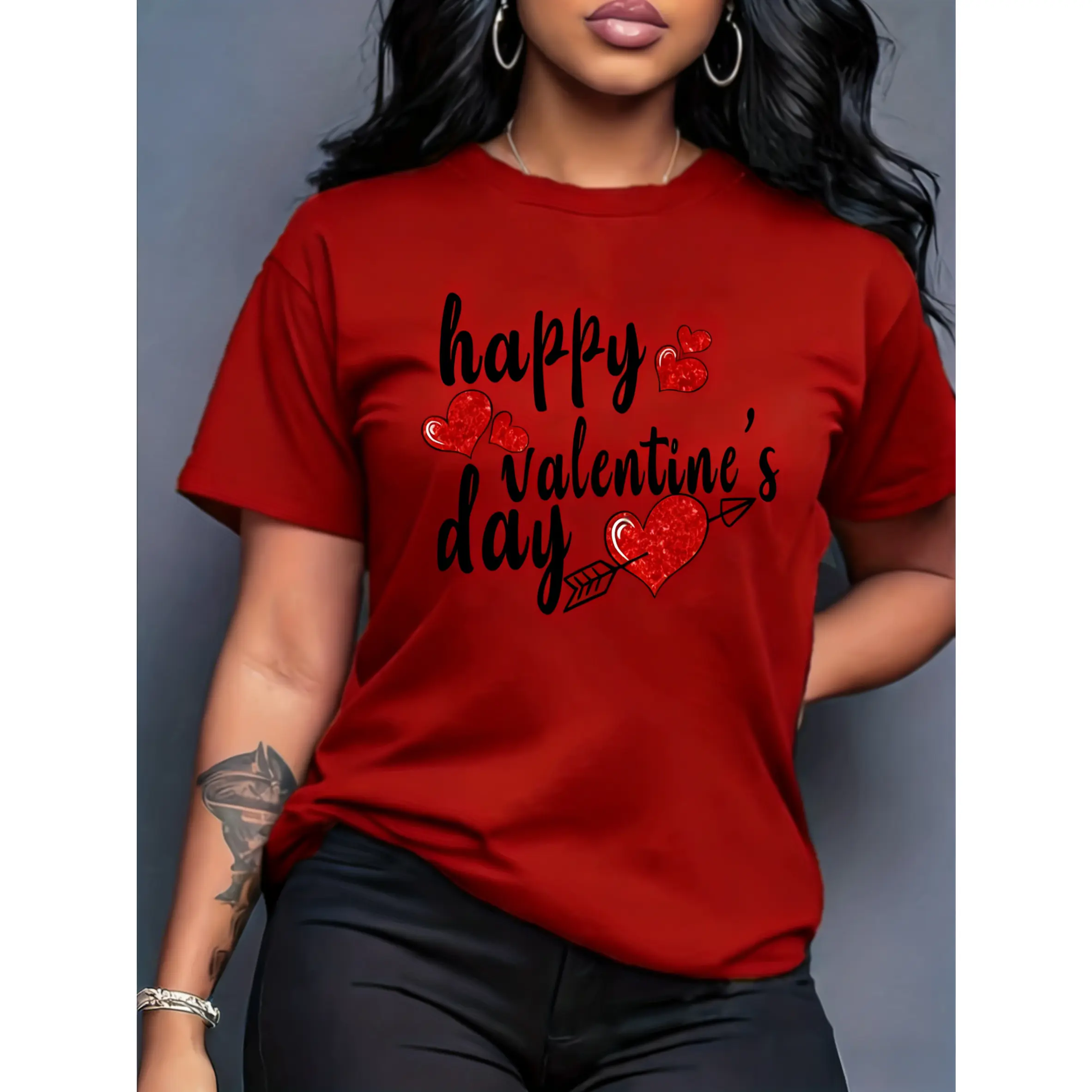 Women's 100% Smooth Cotton Slightly Oversized Casual Basic Short-Sleeve Graphic Top - Red Glitter Heart Print Arrow Valentine's Day Asymmetrical Design, Comfortable Fit, Ideal for Celebrations, Girlfriend Gifts, All Seasons