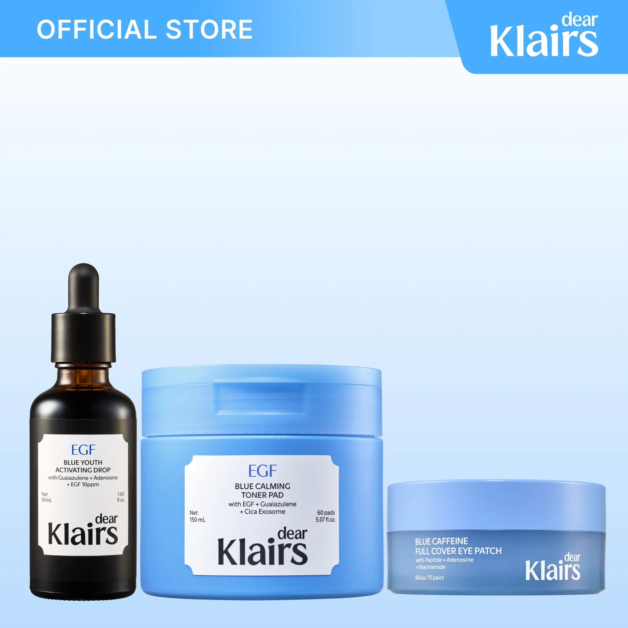[Dear Klairs Official] EGF Morning Prep Trio | Blue Youth Activating Drop + EGF Blue Calming Toner Pad + Blue Caffeine Full Cover Eye Patch | Quick Morning Makeup Prep for Sensitive Skin