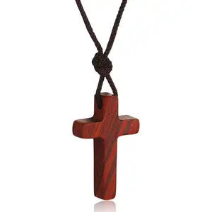 Natural Wooden Cross Pendant Necklaces for Women Men Sandalwood Handcrafted Gift Wood Hang from Car Rearview Mirror Pendant Vehicle Decoration