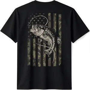 Fishing Camo American Flag Bass Fish (Design on Back) T-Shirt