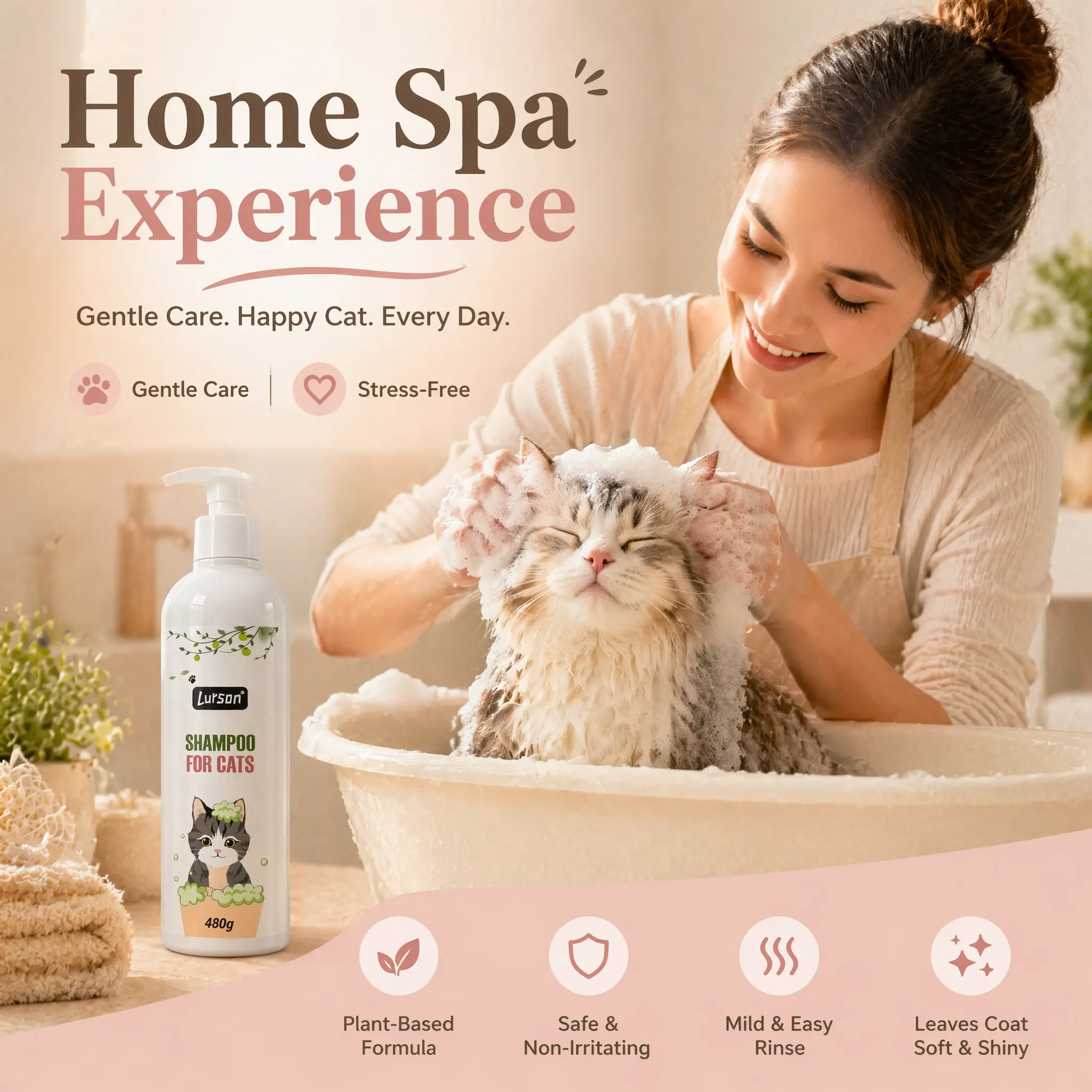 Cat Shampoo & Conditioner for Kittens & All Breeds - Plant-Based Formula, Tearless, Sulfate & Paraben Free, Gentle Pet Grooming Wash for Sensitive & Allergy-Prone Skin, Boosts Coat Shine, Leaves Coat Soft & Shiny with Fresh Natural Scent