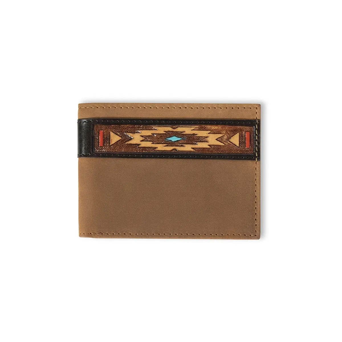 Ariat Men's Classic Bi-Fold Mens Wallet - Aged Bark Brown Artisan Leather, Hand-Tooled Southwest Overlay Fashion Men's Wallet, Artisan Men's Wallets