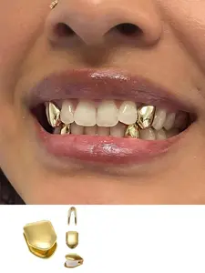 4-Piece Fashion Jewelry Braces Set, Shiny Copper Simple Cool Braces, Unisex Gift, Street Style, All Seasons, Plain Pattern, Grillz, Tooth Gem