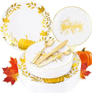 125 count Thanksgiving Plastic Plates - Fall Pumpkin Disposable Plates White and  Heavy Duty Dinnerware Set include 25Dinner Plate, 25Desset Plate, 25Knives, 25Forks, 25Spoons for Thanksgiving