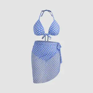 Cider V-neck Polka Dot Halter Full Coverage Bikini Set With Sarong Curve & Plus