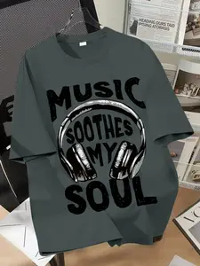 Women's Music Soothes My Soul Casual Round Neck T-Shirt, Cartoon Letter Print, Loose-Fitting Summer Top for Daily Wear, Womenswear
