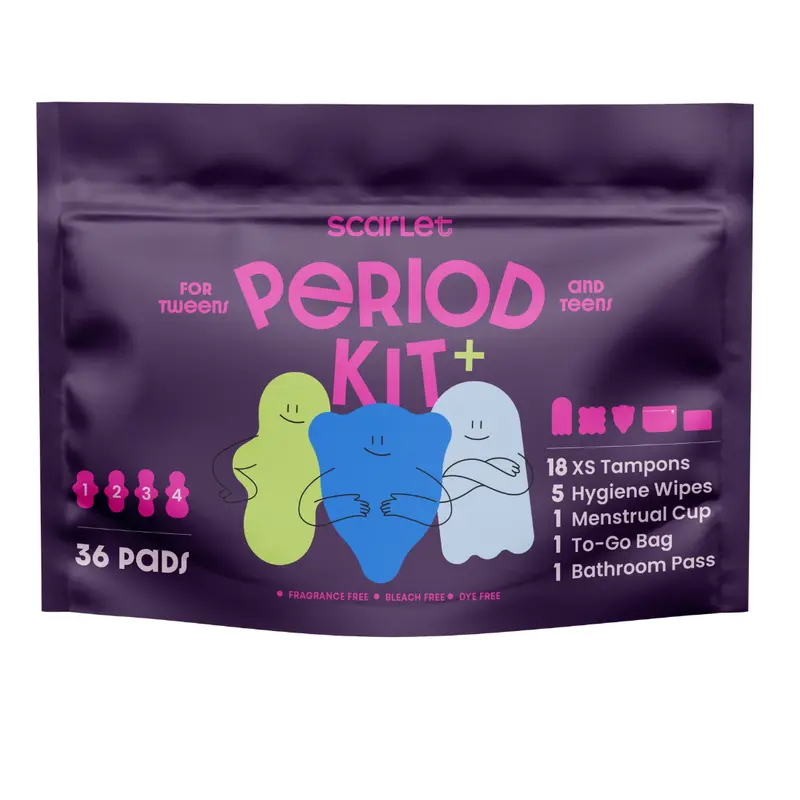 Scarlet by RedDrop Period Kit+ for Tweens and Teens - 36 Pads 5 Hygiene Wipes Reusable Pouch Puberty Guide 8-Part Video Series Confidence-Boostinging Kit