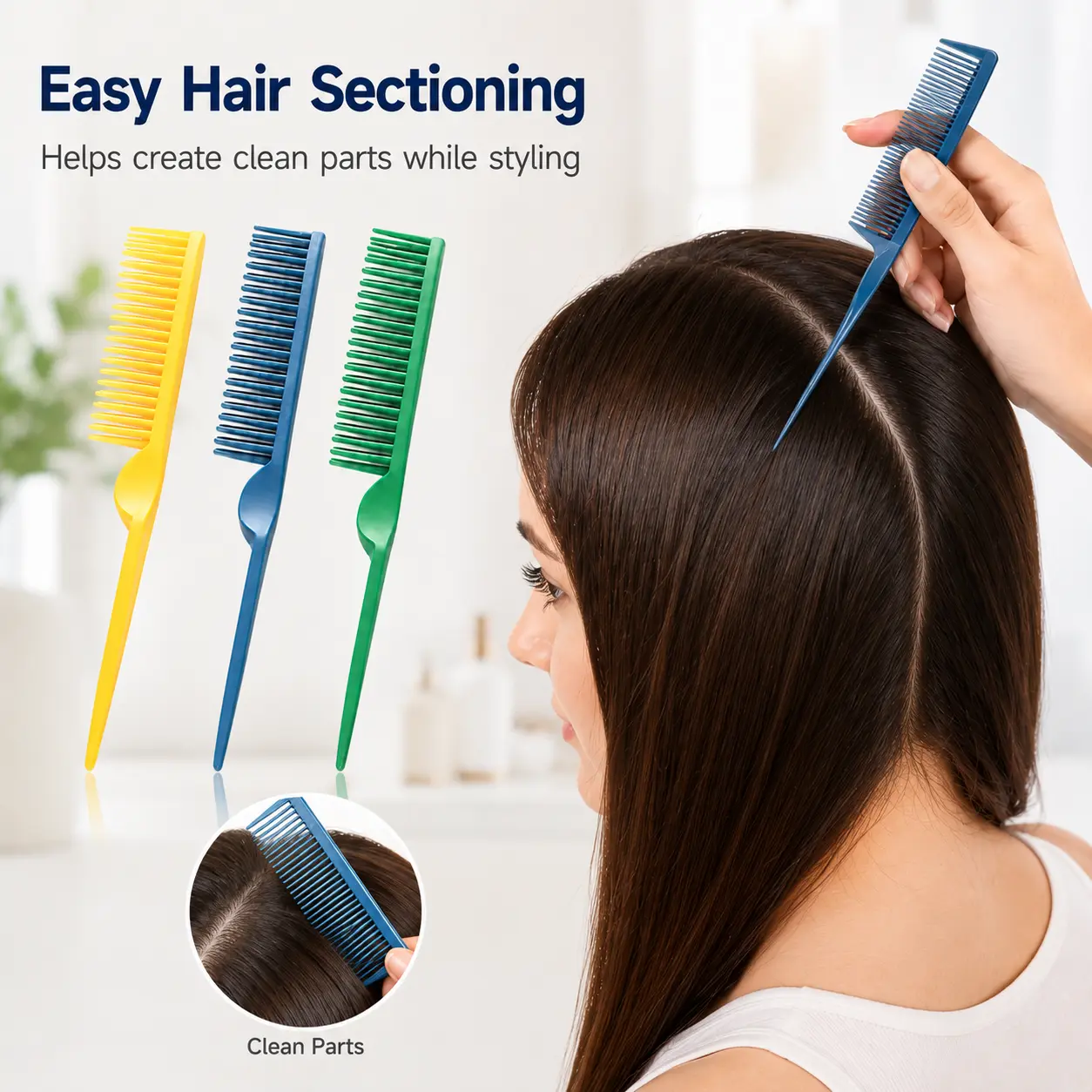 Anti-Static Impact-Resistant Plastic Hair Tail Comb with Metal Tip, Professional Parting Tool for Hair Cutting, Braiding (Salon/Home Barber Use, Rinses Cleanly)