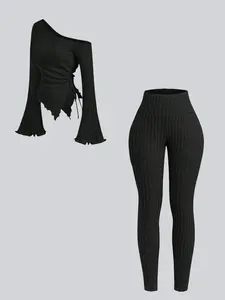 Women's Solid Color Ribbed Off-Shoulder Asymmetrical Neckline Blouse with Flared Sleeves & Fitted Ribbed Pants Set - Stylish Comfort Athleisure Wear for Spring/Fall