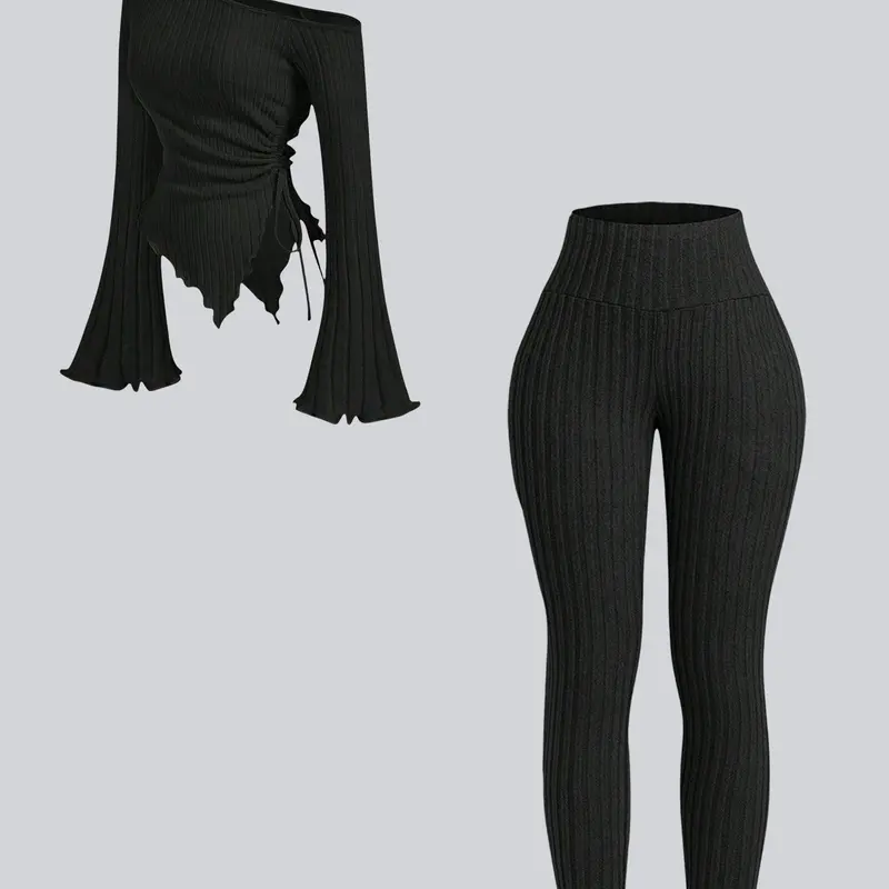 Women's Solid Color Ribbed Off-Shoulder Asymmetrical Neckline Long Sleeve Blouse with Flared Sleeves & Fitted Ribbed Pants Set - Stylish Comfort Casual Athleisure Wear for Spring/Fall Womenswear Casual Streetwear Set
