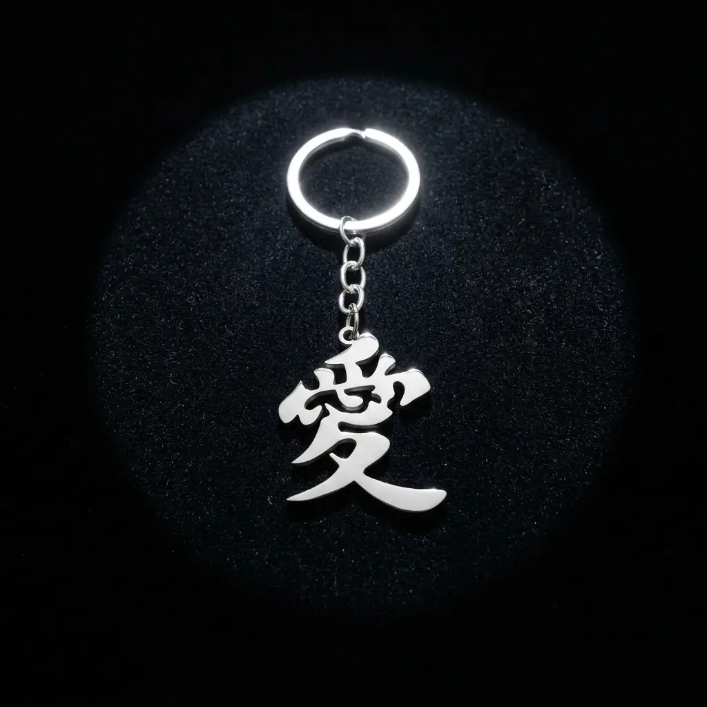 Chic Silver Metal Kanji Character Love Keychain Gaara Forehead Tattoo Inspired Aesthetic Car Keyring Chain Holder Backpack Handbag Purse Charm Decoration Durable Stainless Steel Anime Cosplay Props Meaningful Birthday Gift for Naruto Fans Friend