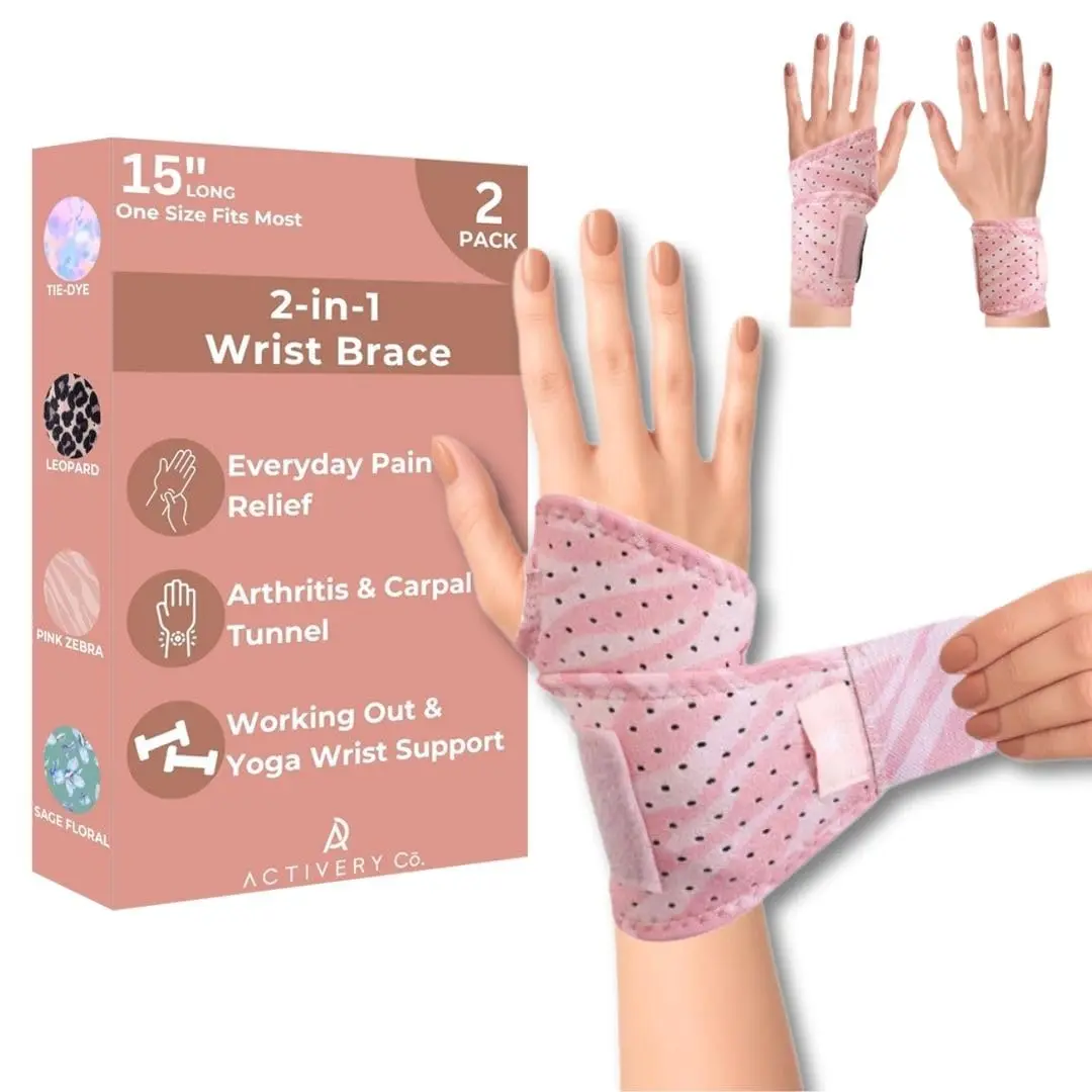 Activery Co. Carpal Tunnel Wrist Brace Left Hand, Right Hand for Women, Day or Night Compression Wrist Support Brace for Fitness, Keyboard Use, or Overnight Support, 2 Pack, Pink Zebra Print