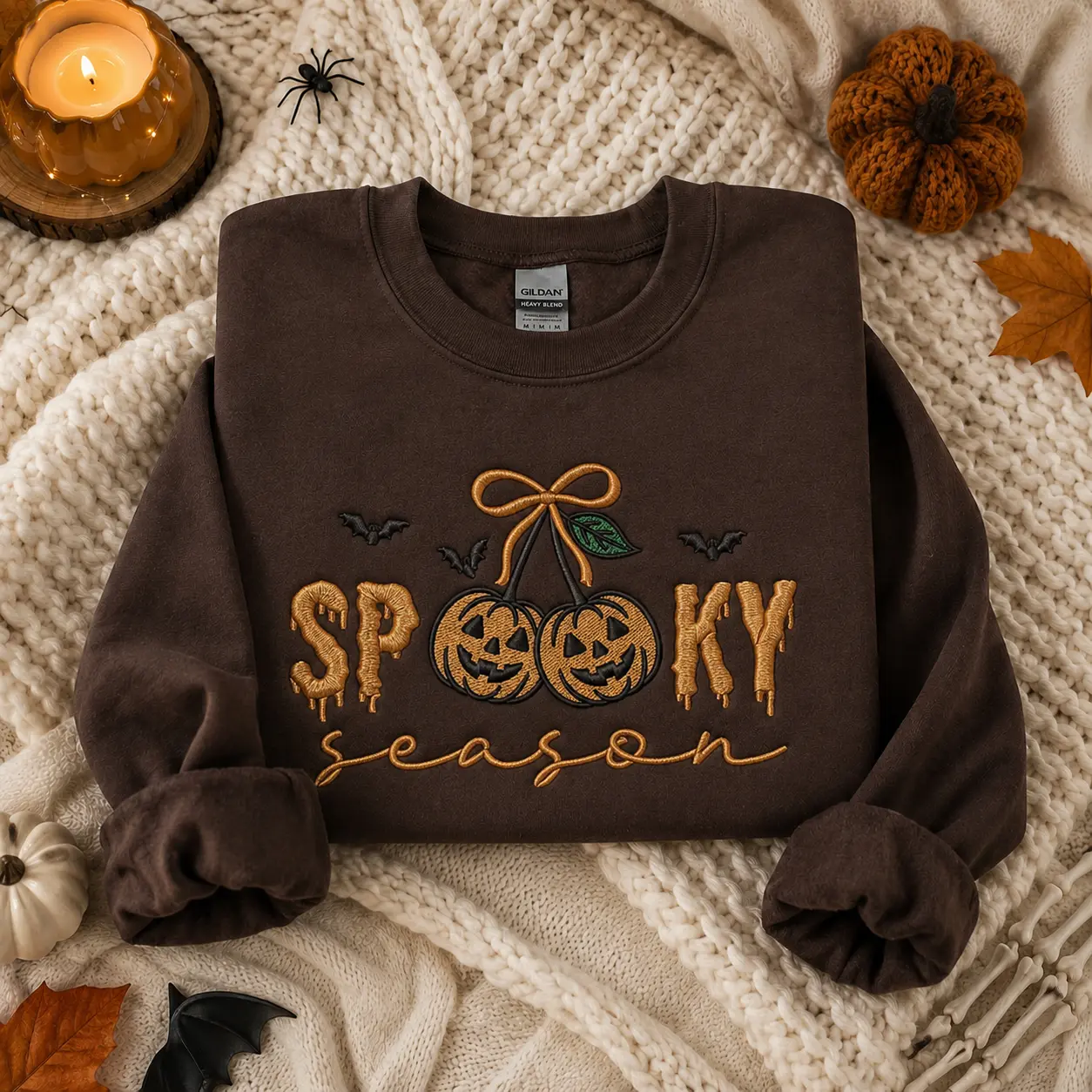 Spooky Season Embroidered Sweatshirt, Halloween Pumpkin Crewneck, Forest Green Gildan Sweatshirt, Cute Fall Embroidery Gift