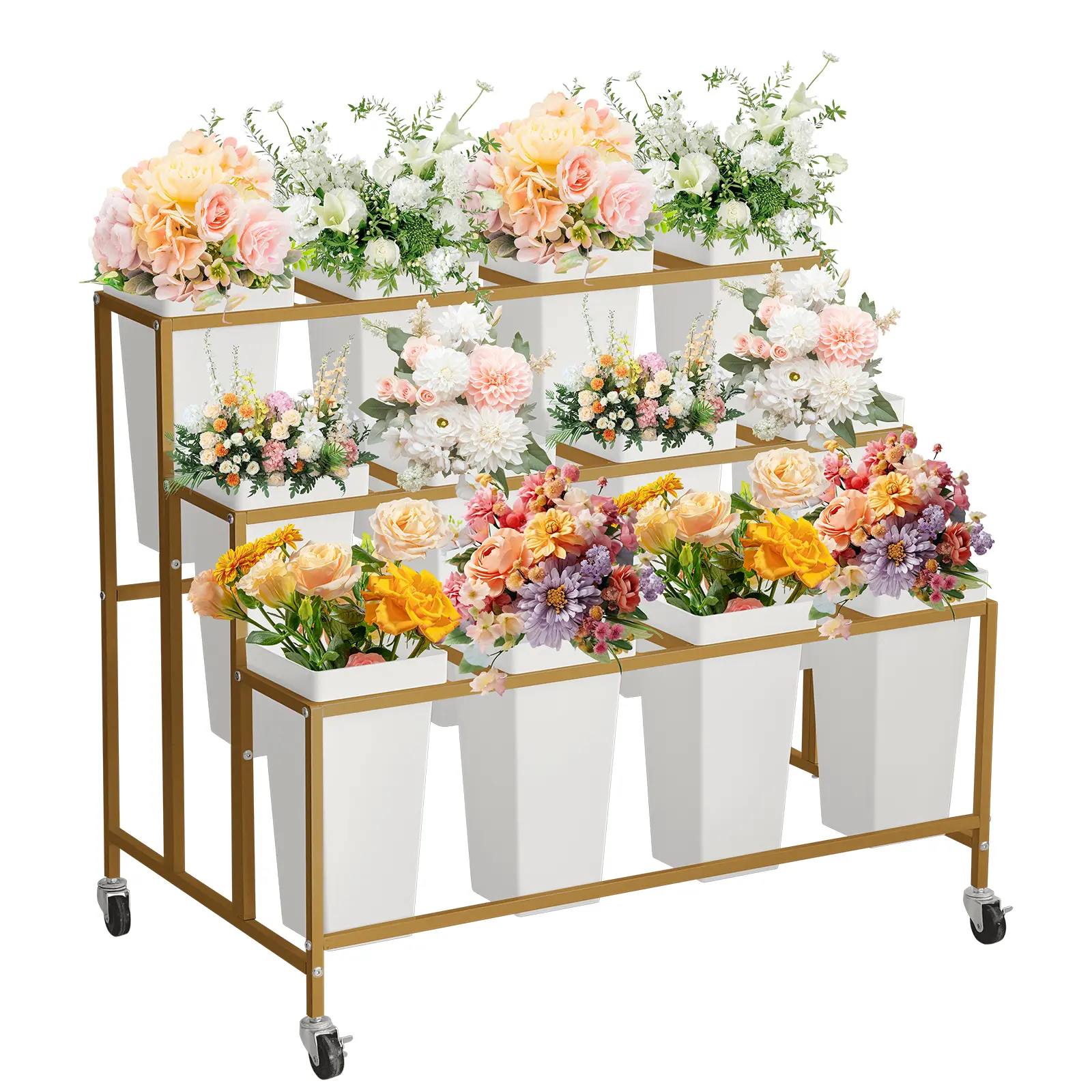 3-Tier Flower Display Stand with 12 Square Buckets – Heavy Duty Moving Flower Cart for Indoor Outdoor, Portable Florist Bouquet Rack for Wedding Patio Garden Living Room