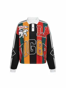 Trendy Women's Retro 168 LA Graphic Oversized Rugby Polo, Multicolor Striped Lion Print Long Sleeve Streetwear Top, Y2K Hip Hop Style Vintage Shirt for Street Style & Daily Wear #mensStreetwearPolo #Y2KFashion #GraphicAthletic