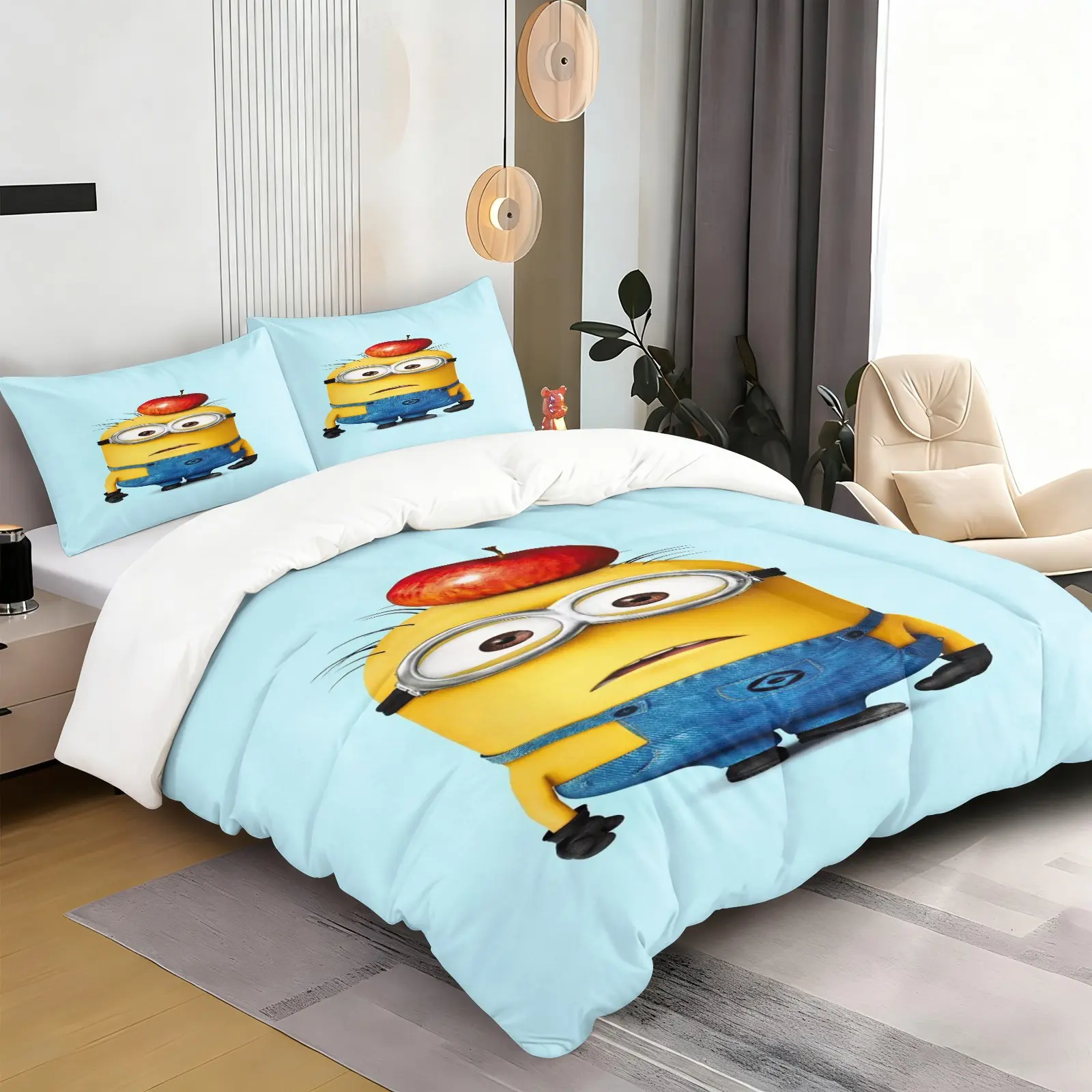 Minion Pattern Duvet Cover Set, Suitable For Indoor Decoration, Suitable As a Moving Or Holiday Gift, Includes 1 Duvet Cover And 1 Or 2 Pillowcases, Excluding The Duvet Core And Pillow Core