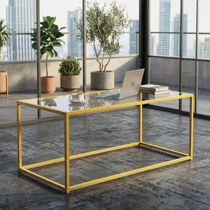 Gold Minimalist Tempered Glass Coffee Table, Geometric Metal Frame Center Tea Table, Easy Assembly Stylish Side Desk, Durable Household Furniture For Living Room Home Office Decor Use