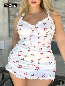 【Plus Size】Cherry Print Nightdress, Elegant Sleeveless Nightgown, Casual Soft Cute Comfortable Sleeveless Spaghetti Strap Nightgown for Women, Women's Sleepwear for Summer, Womenswear