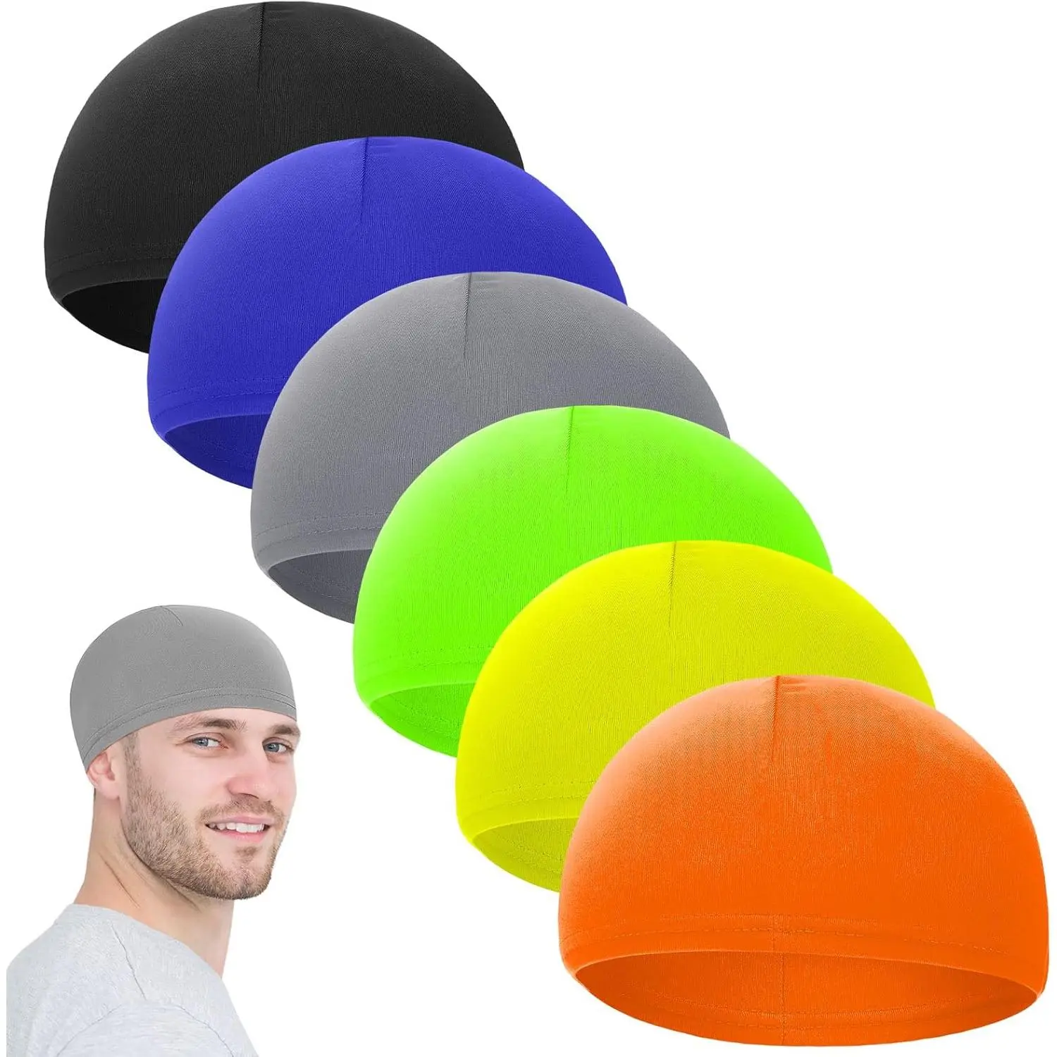 6 Pack Men's Skull Cap Beanies, Solid Cooling Helmet Liners, Breathable Sweat-Wicking Set for Running and Outdoor Sports