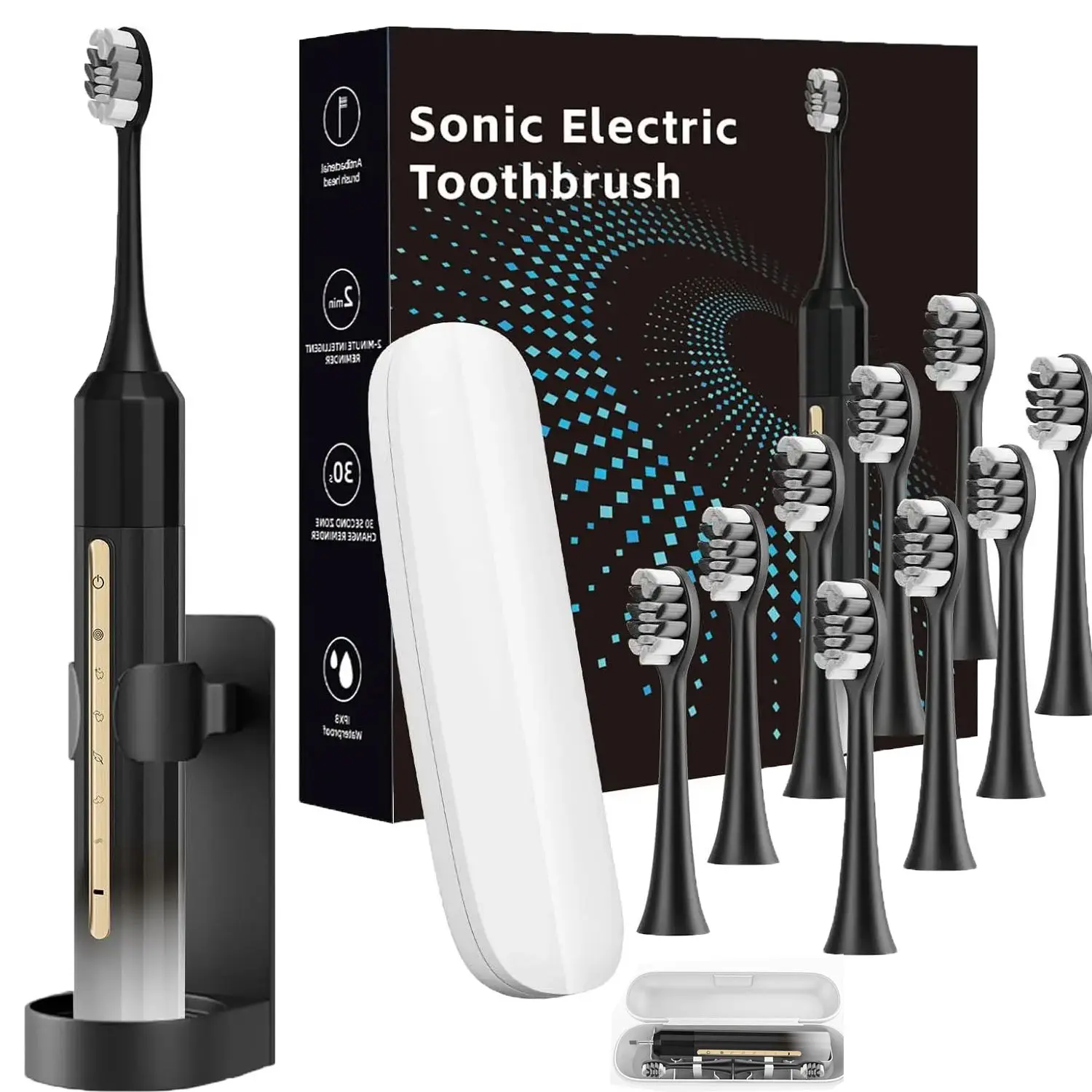 Sonic Electric Toothbrush for Adults and Kids with 10 Brush Heads, 5 Cleaning Modes, Built-in 2 Minute Smart Timer, IPX8 Waterproof, 30 Days Long Lasting Battery, Black White
