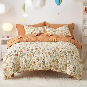 Floral Bedding Set for Girls, Cute Colorful Botanical Flowers Patterned Soft Lightweight Comforter Set with Sheets, 5 Pieces Kids Bed in a Bag, Orange Cream, Twin Size