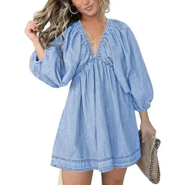 UTCOCO Women's Basic V-Neck Solid Denim Casual Dress - Lady's Garment, Soft Cotton Fabric, Puff Long Sleeves, Breathable Stretchy Ruffle Flowy A-Line Cute Jean Mini Babydoll Casual Wear