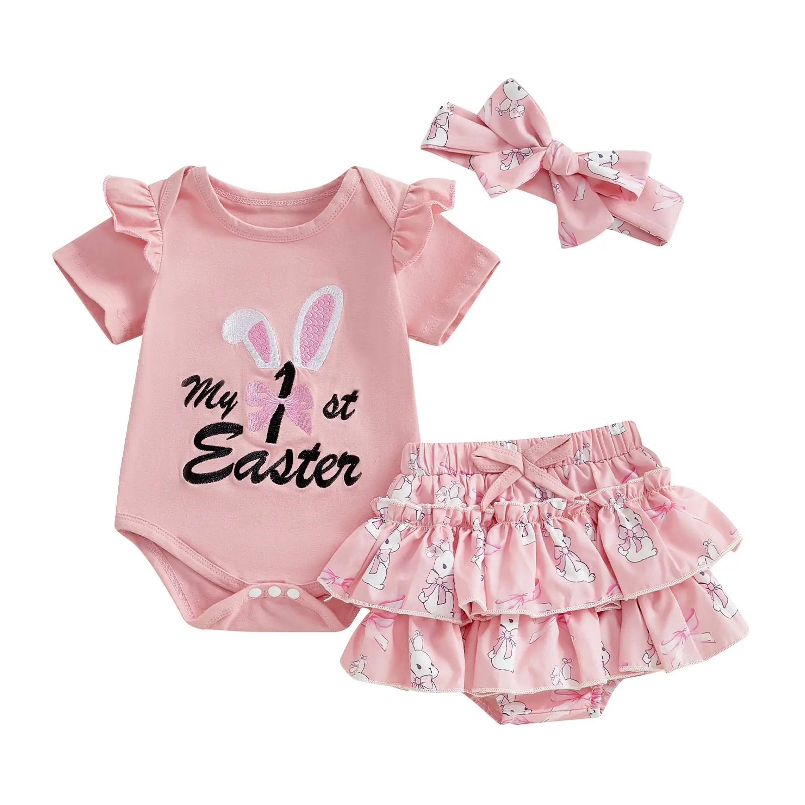 Canrulo Newborn Baby Girl Easter Outfit Bunny Clothes Short Sleeve Romper+Bloomers Tutu Skirt+Headband 3Pcs Clothes
