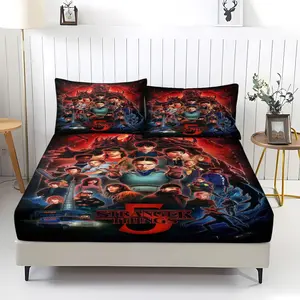 2/3Pcs Stranger Things Hawkins Complete Fitted Sheet Set，Group Portrait Visually Striking Bedding Set，High-Definition Printing That Won'T Fade.Suitable Bedroom Decor For Fans Of Stranger Things Season 5 Finale. Breathable Durable Sheets