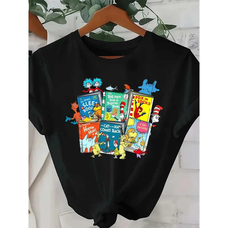 Women's Plus Size Casual Short Sleeve T-Shirt - Black Round Neck Dr. Seuss Book Character Print Top, Machine Washable Stretchy Fabric for Educators & Book Lovers, Book Lovers Gifts, Allseason Top, Cartoon Graphic Tee, Nontransparent Material