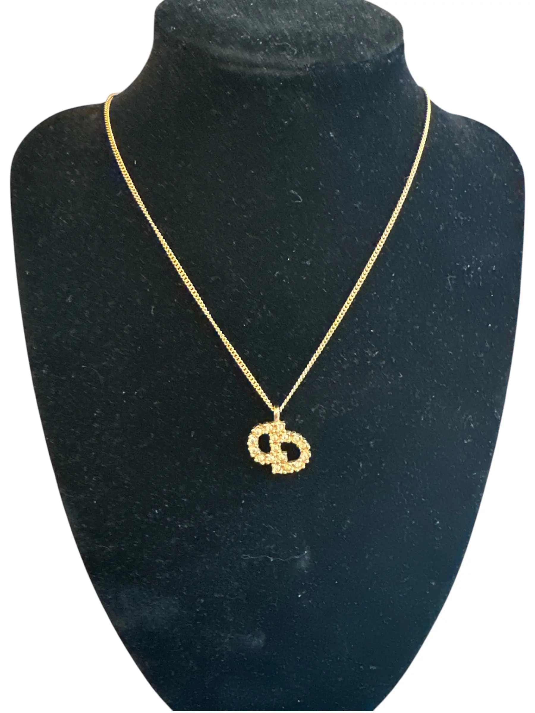 Pre-owned Christian Dior 17 Inch Gold Plated Rhinestone "CD" Necklace