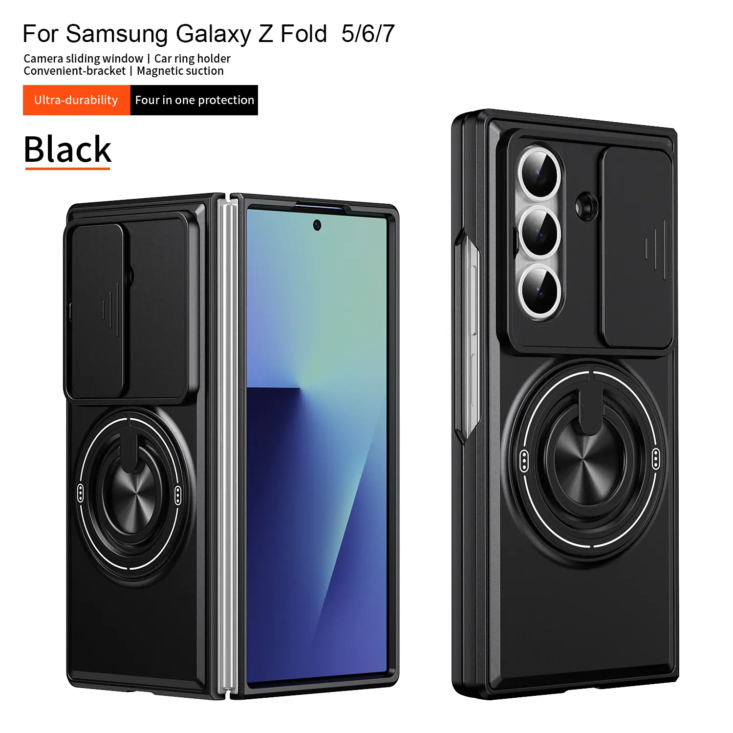Multifunctional Shock Absorption Smartphone Case for Samsung Galaxy Z Fold 7/6/5/4/3, Handheld Cellphone Protection Cover with Lens Sliding Window, 360-Degree Rotatable Ring Bracket for Mobile Devices, Casing,back to school,back to school haul
