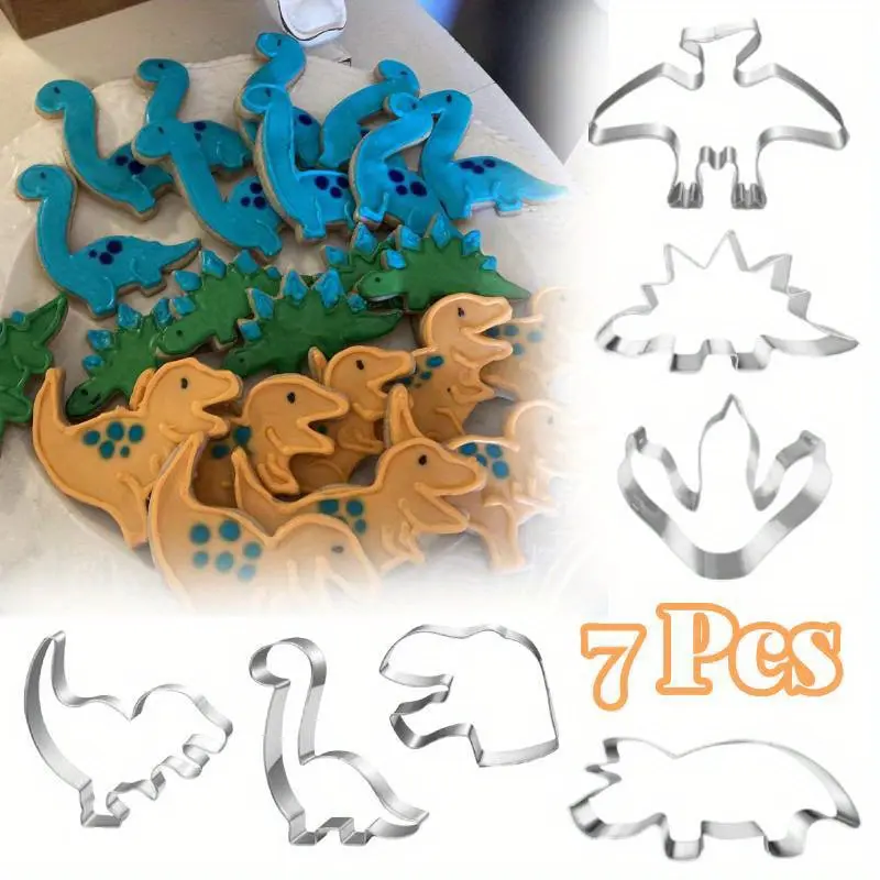 7-Pack Assorted Durable Small Stainless Steel Dinosaur Cookie Cutter Set (3.5x3 in, 1" Depth) - Kitchen Bakeware for Cutting Cookie Dough, Bread, Cheese, Jurassic Park Theme Birthday Party Supplies
