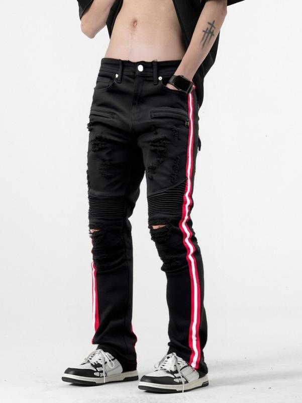 Men's Black and Red Side Stripe Ripped Slim Fit Motorcycle Jeans Trendy Edgy Design Outfits for Motorcycle Riders levis 527 size  12  jeans Embroidered Camouflage Double Waist Shorts clogs  shoes  outfit ed hardy Stretch Cargo party  outfits  mid  rise  c